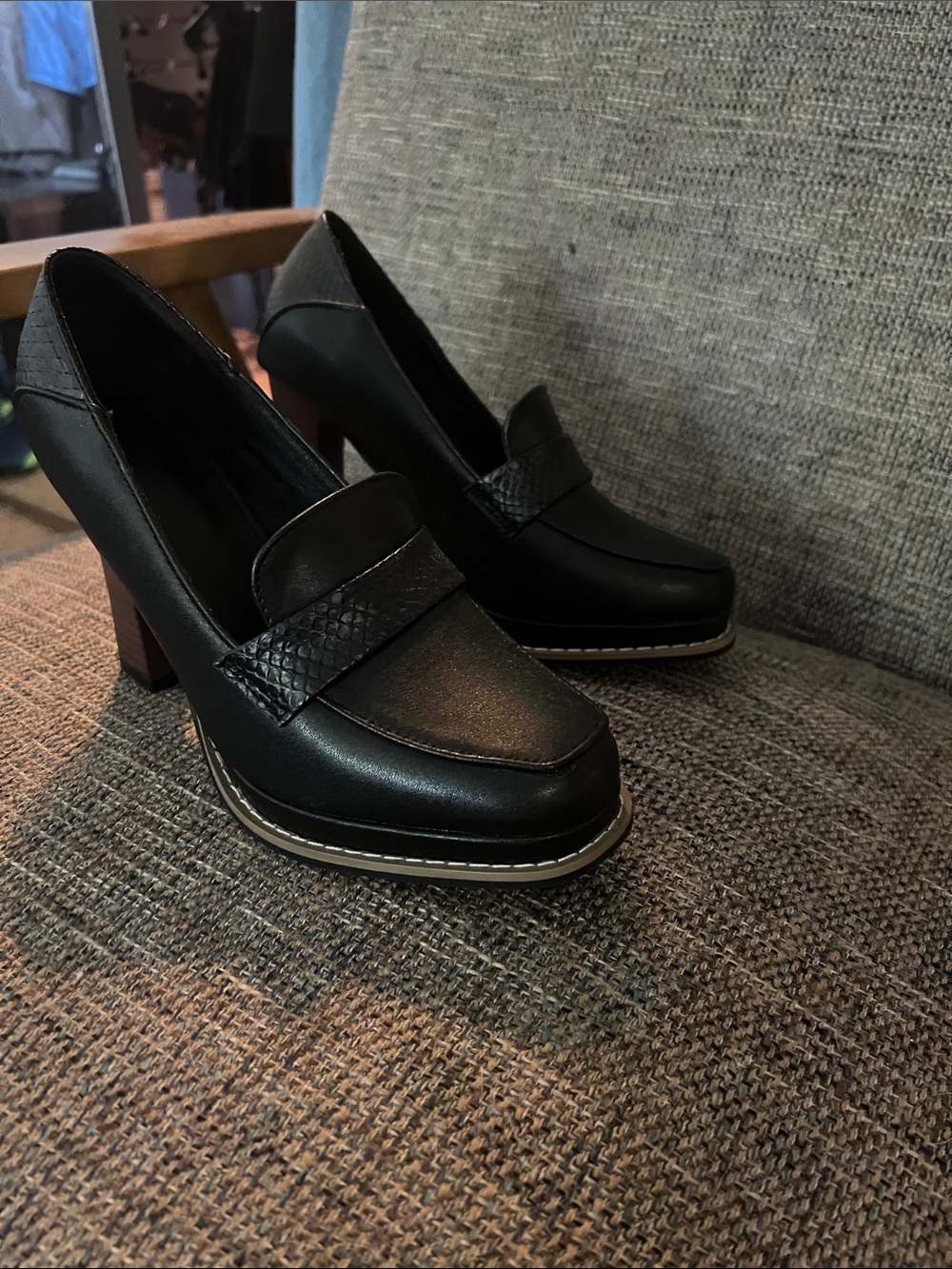 Black Block Heel Loafer Pumps - Women's
